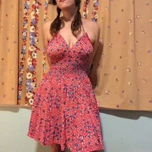 Floral Print Red, White, and Blue Halter Tie Dress